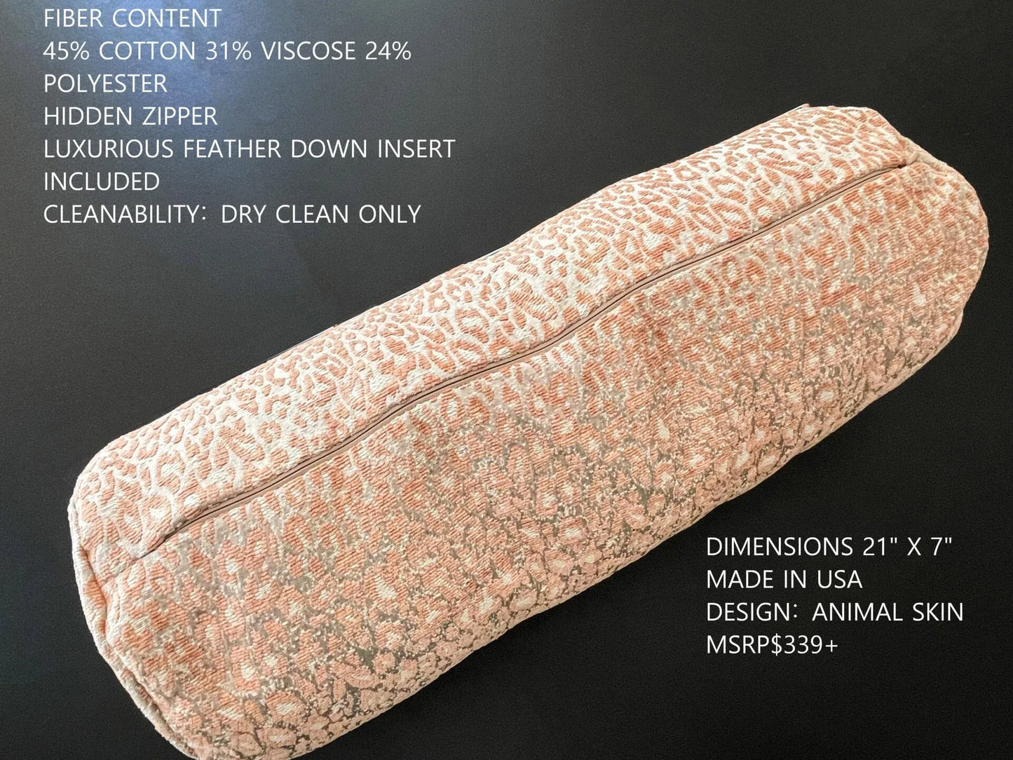 PILLOW 21"x7" Scalamandre LEOPARD BOLSTER PINK SAND Animal Skin MSRP USD339+