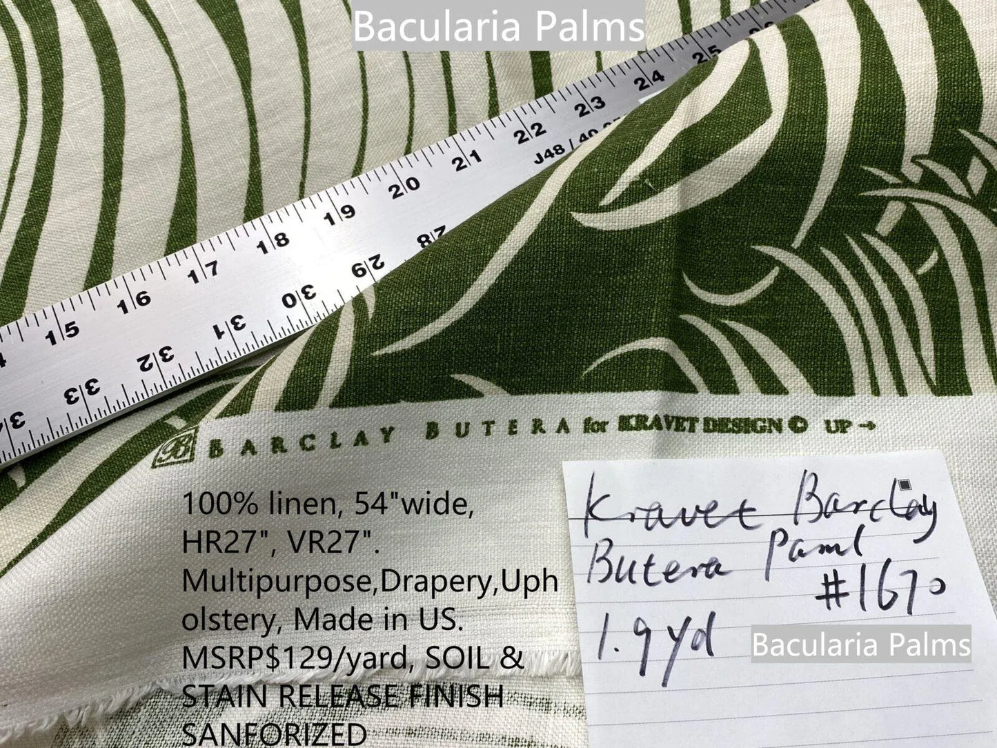1.9yds Kravet Barclay Butera Bacularia Palms Tropical Foliage Green White Linen MSRP USD 129/Y