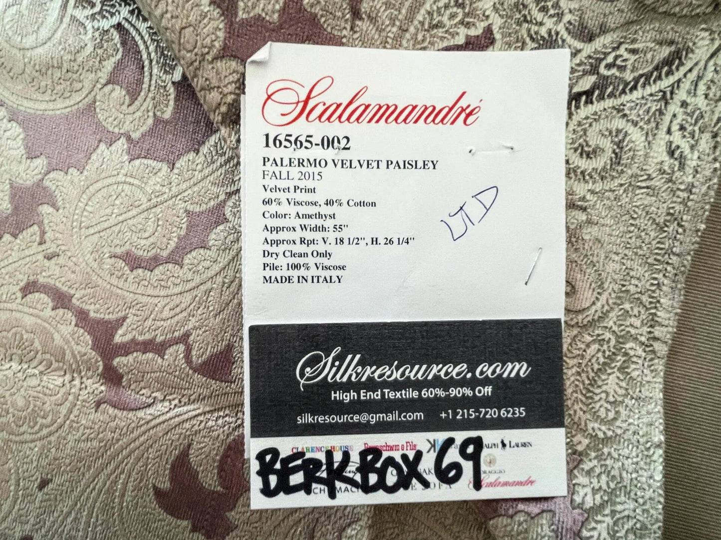 39 Berkbox69 26"x26" Scalamandre PALERMO VELVET PAISLEY Amethyst Brown Velvet Print
