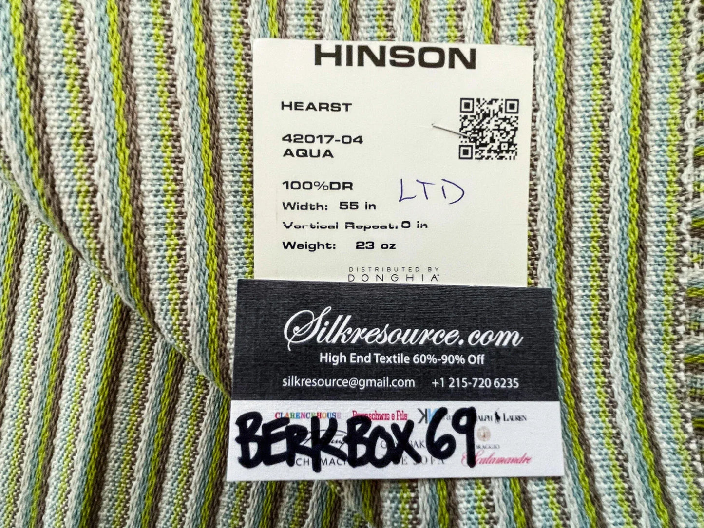 49 Berkbox69 27″x27″ Square Scalamandre HEARST Aqua Green Stripe Woven