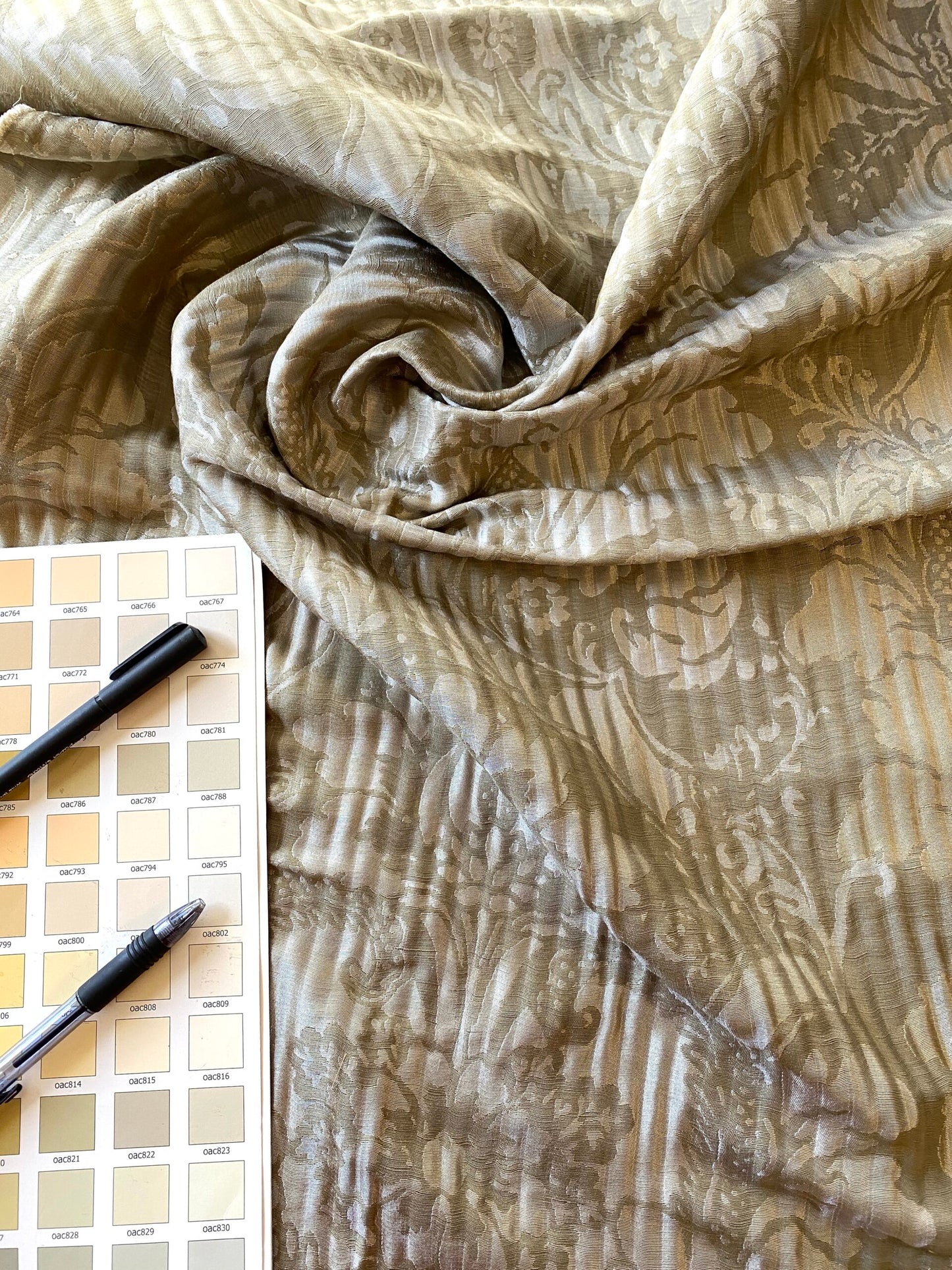 By yard Lee Jofa Mulberry Home Pleated Damask Pewter Silver Blue Floral Wide Stripe Silk MSRP USD 298/Y