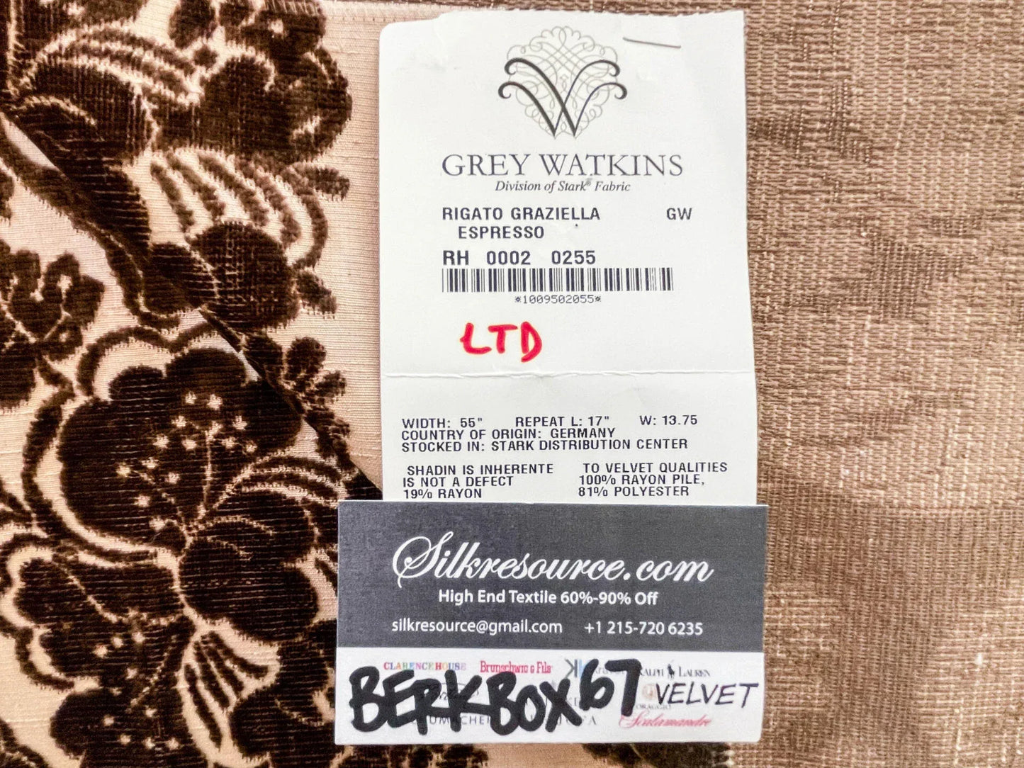 41 Berkbox67 27x 27" Square Scalamandre RIGATO GRAZIELLA ESPRESSO Brown on Beige Cut-Velvet