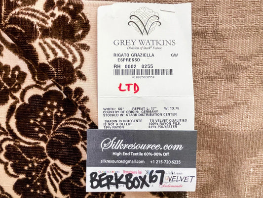 41 Berkbox67 27x 27" Square Scalamandre RIGATO GRAZIELLA ESPRESSO Brown on Beige Cut-Velvet