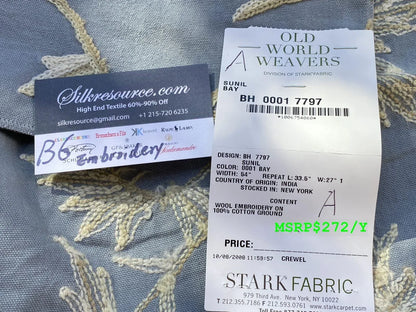 4a Berkbox6 Scalamandre Embroidery Square Sunil Bay Blue Crewel Wool On Cotton MSRP USD 272