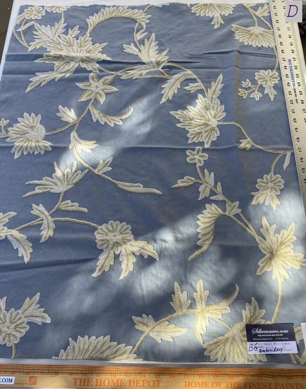 4d Berkbox6 Scalamandre Embroidery Square Sunil Bay Blue Crewel Wool On Cotton MSRP USD 272/Yd 26"x34"Long