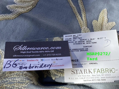 4d Berkbox6 Scalamandre Embroidery Square Sunil Bay Blue Crewel Wool On Cotton MSRP USD 272/Yd 26"x34"Long