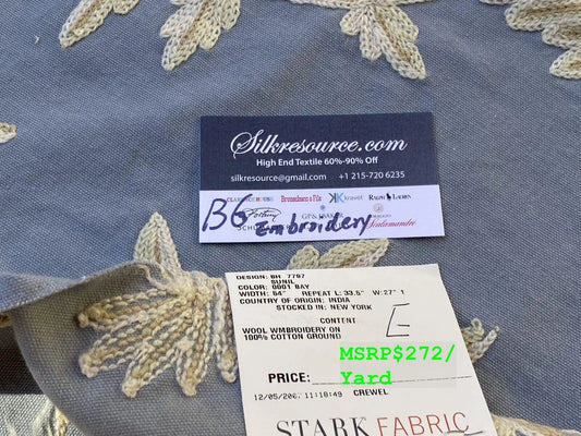 4e Berkbox6 Scalamandre Embroidery Square Sunil Bay Blue Crewel Wool On Cotton MSRP USD 272/Yd