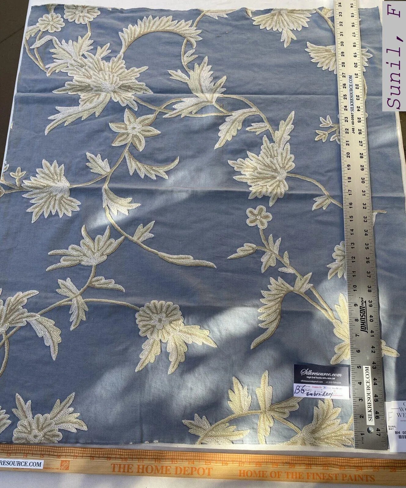 4f Berkbox6 Scalamandre Embroidery Square Sunil Bay Blue Crewel Wool On Cotton MSRP USD 272/Yd 26"X34"L