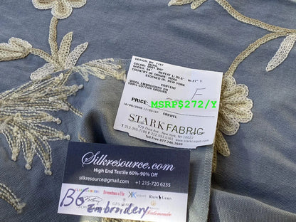 4f Berkbox6 Scalamandre Embroidery Square Sunil Bay Blue Crewel Wool On Cotton MSRP USD 272/Yd 26"X34"L