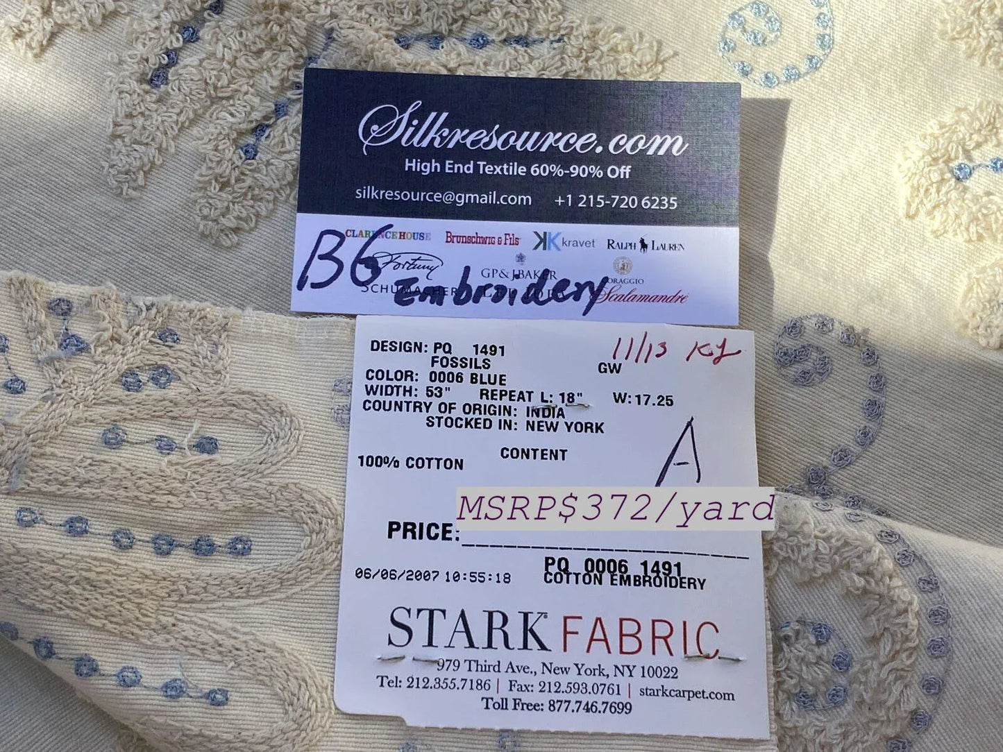 6a Berkbox6 Scalamandre Embroidery Square Fossils Blue MSRP USD 372/Y