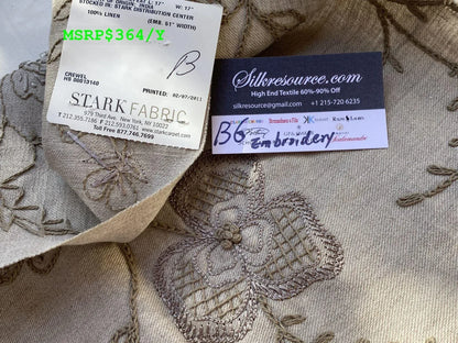 12b Berkbox6 Scalamandre Embroidery Square Kamala Taupe Crewel Floral 25x33" MSRP USD 364/Y