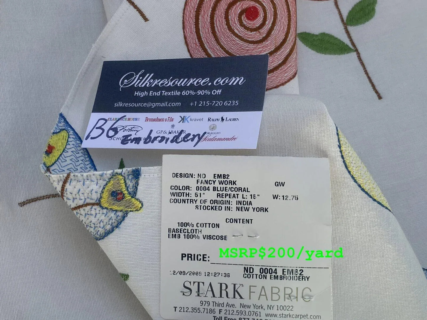 20 Berkbox6 Scalamandre Embroidery Square Fancy Work Flower Power MSRP USD 200/Y