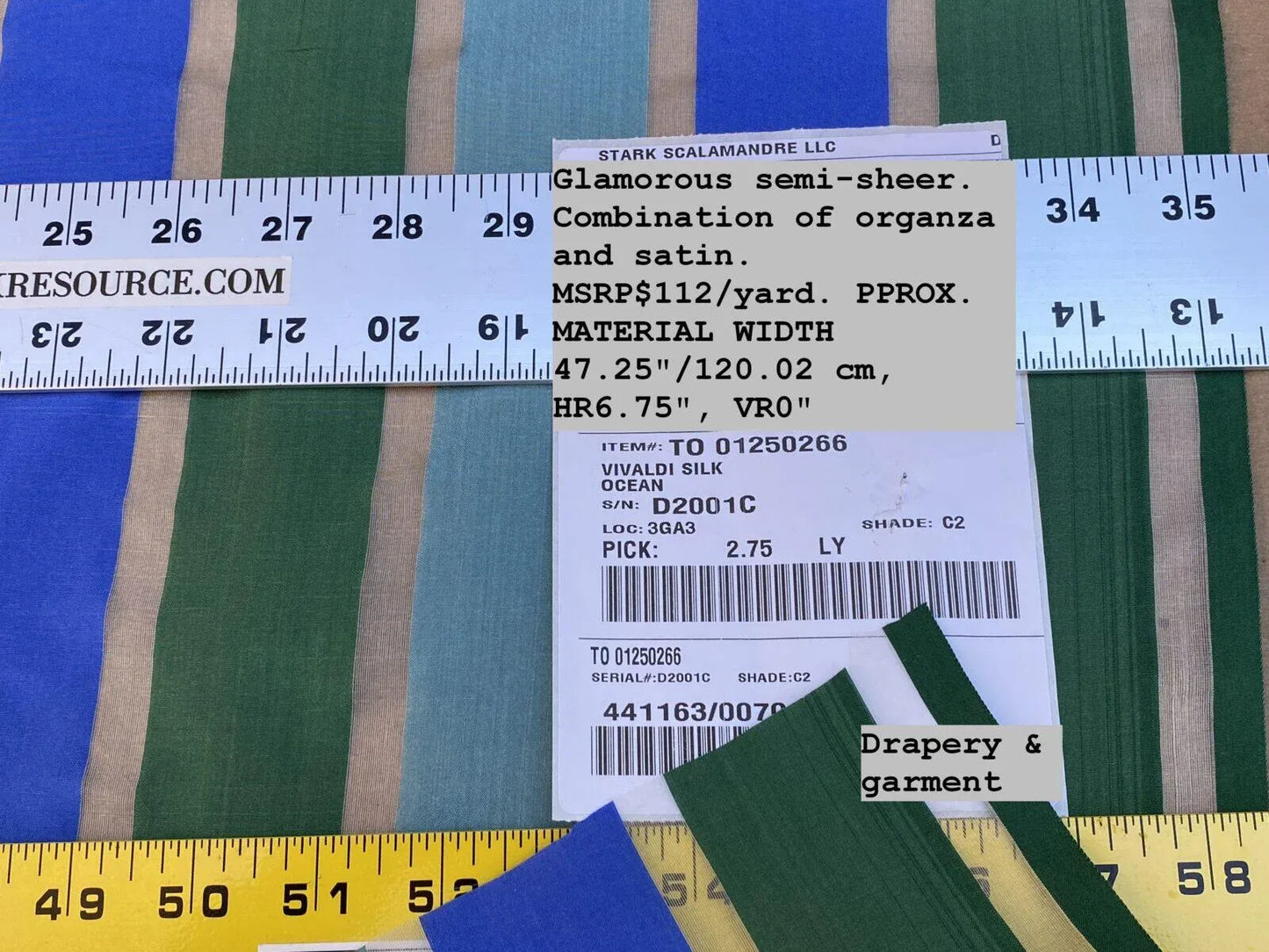 Scalamandre Old World Weavers " Vivaldi Silk Ocean Blue Green Stripe Organza Sheer MSRP USD 112/Y