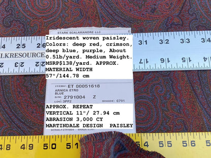 Clarence House Arnica Etro Blue Red Woven Intricate Paisley Cotton Blend MSRP USD 300+/yard