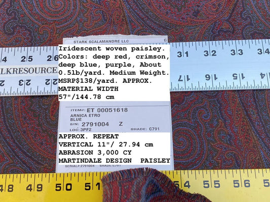 Clarence House Arnica Etro Blue Red Woven Intricate Paisley Cotton Blend MSRP USD 300+/yard