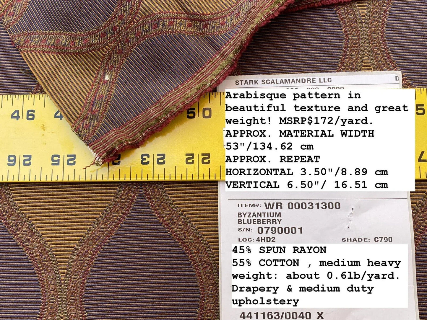 Scalamandre Byzantium Blueberry Arabisque Hourglass Jacquared Purple Gold MSRP USD 172/Y