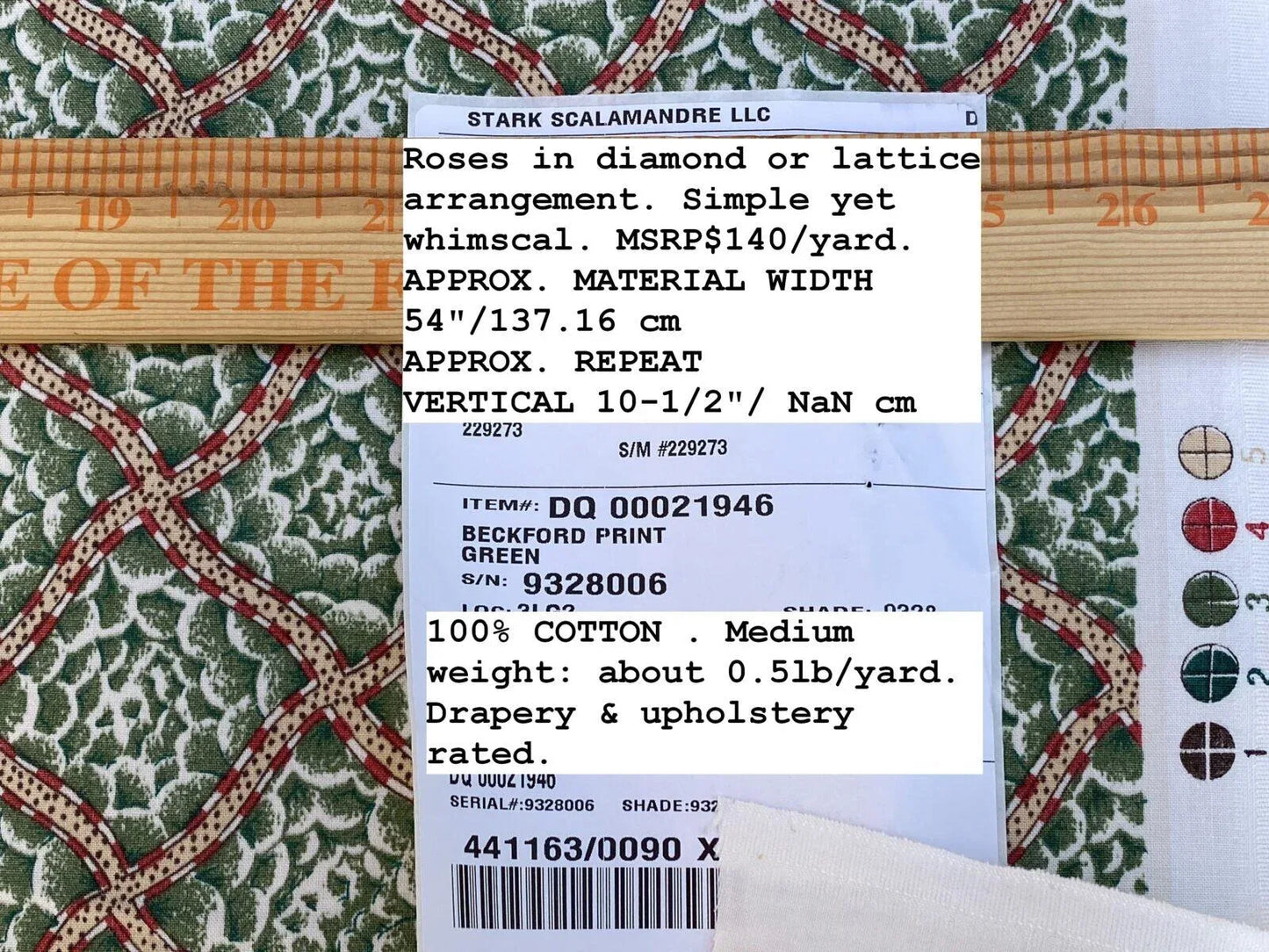 Scalamandre Beckford Print Green Rose In Diamond Square Cotton MSRP USD 140/Y