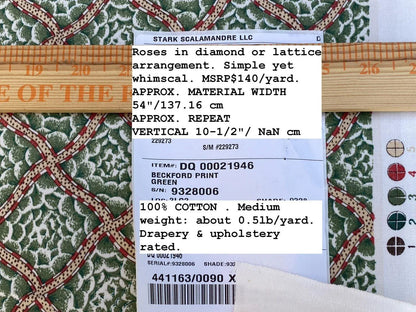 Scalamandre Beckford Print Green Rose In Diamond Square Cotton MSRP USD 140/Y