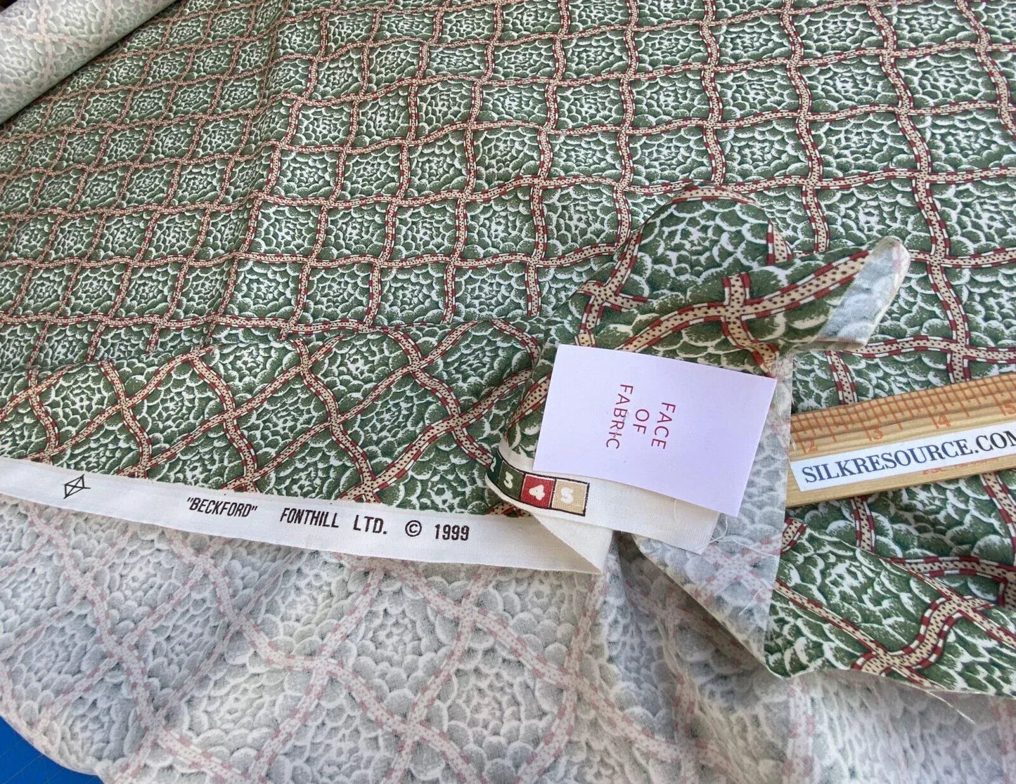 Scalamandre Beckford Print Green Rose In Diamond Square Cotton MSRP USD 140/Y