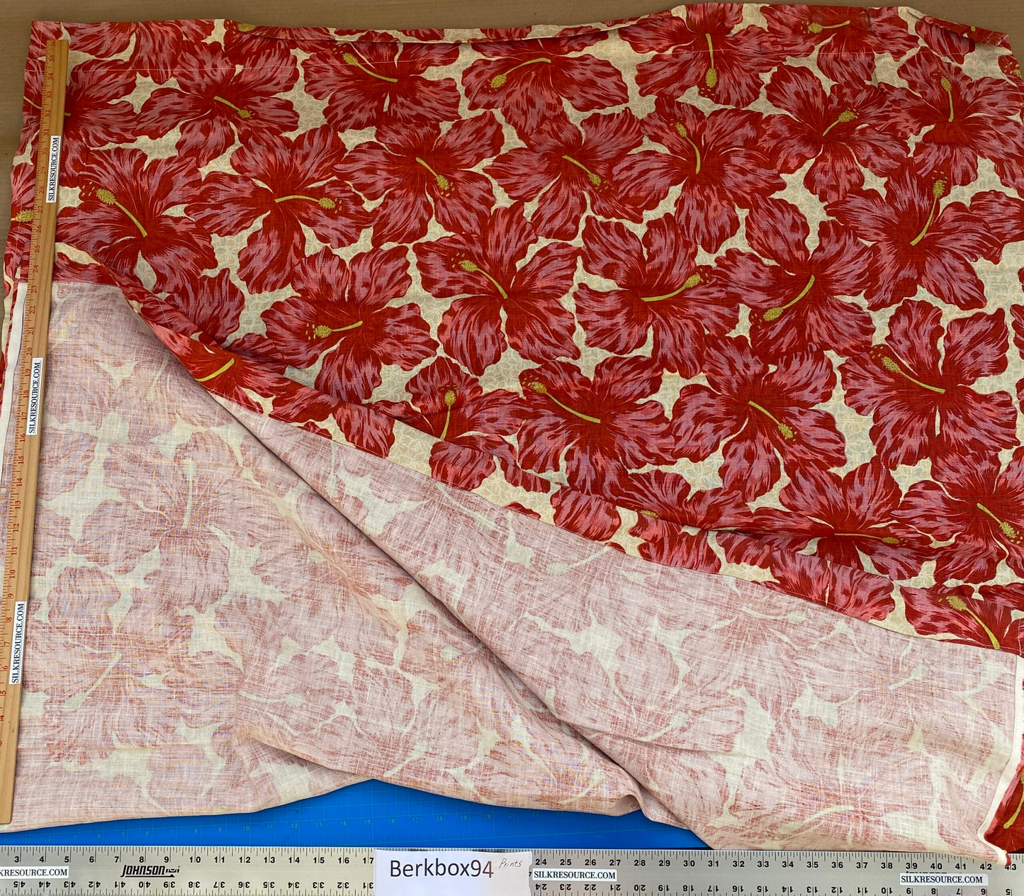 1 BerkBox94 Raoul Textile Line Hand Print Made in US Flower Pattern 1.6Y Botanical Floral White Red Hibiscus  1.8yd MSRP $300+/y