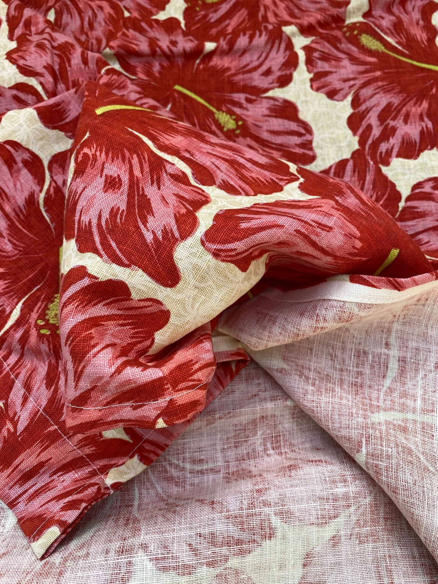 1 BerkBox94 Raoul Textile Line Hand Print Made in US Flower Pattern 1.6Y Botanical Floral White Red Hibiscus  1.8yd MSRP $300+/y