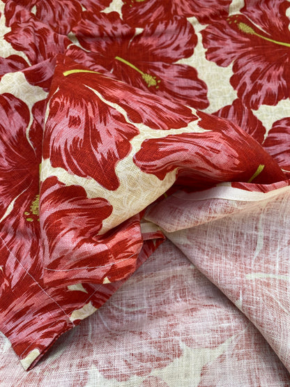 1 BerkBox94 Raoul Textile Line Hand Print Made in US Flower Pattern 1.6Y Botanical Floral White Red Hibiscus  1.8yd MSRP $300+/y