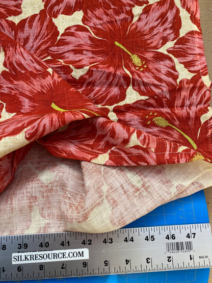 1 BerkBox94 Raoul Textile Line Hand Print Made in US Flower Pattern 1.6Y Botanical Floral White Red Hibiscus  1.8yd MSRP $300+/y
