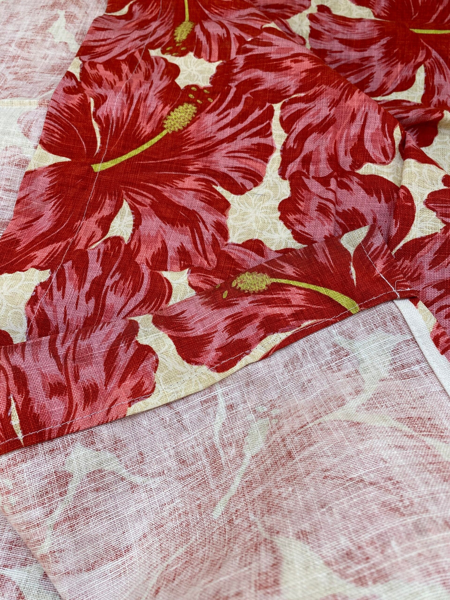 1 BerkBox94 Raoul Textile Line Hand Print Made in US Flower Pattern 1.6Y Botanical Floral White Red Hibiscus  1.8yd MSRP $300+/y