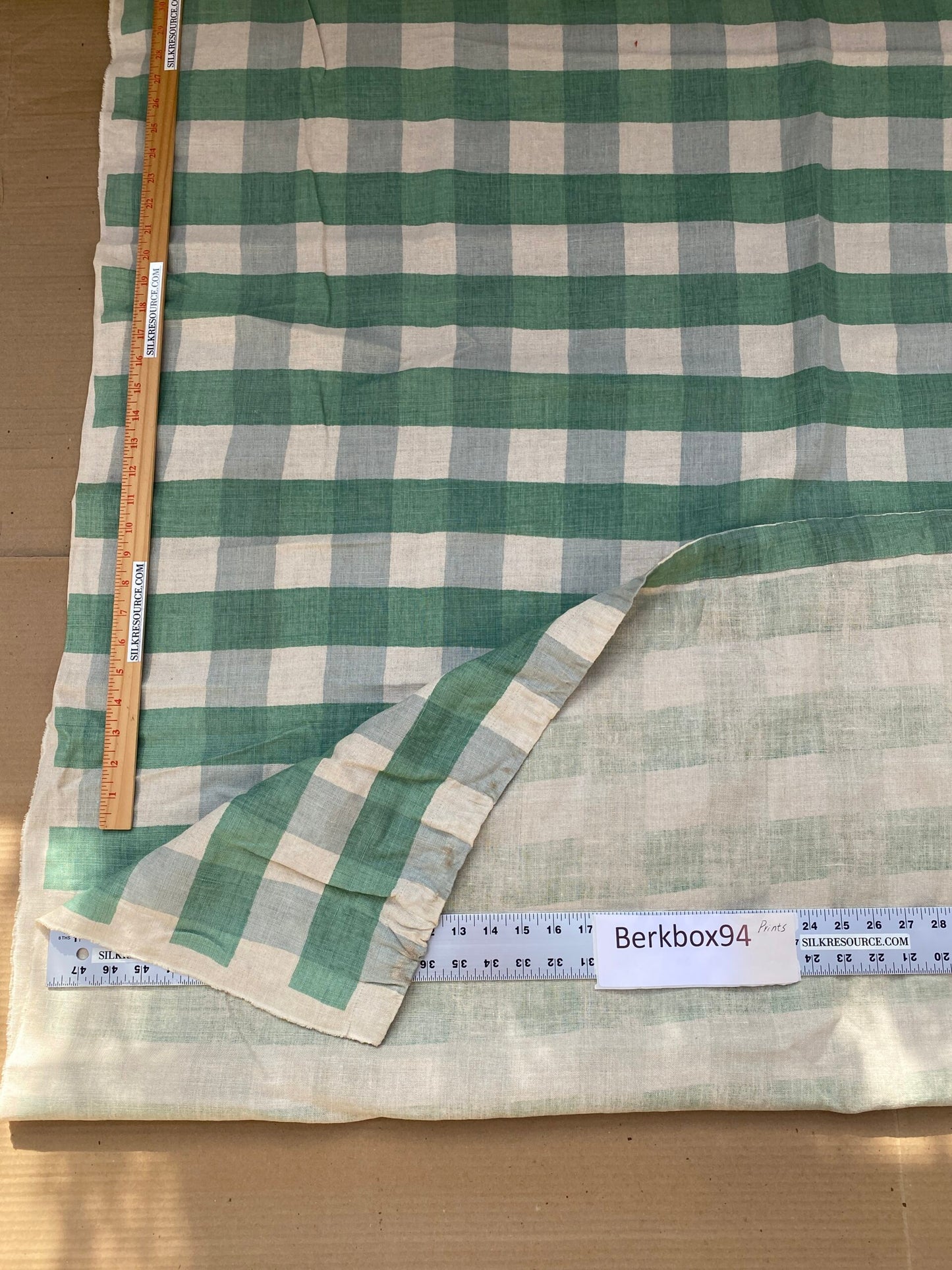 3 BerkBox94 Raoul Textile Line Hand Print Made in US Plaid Check Green White 1.5yd x 52"W MSRP $300+/y