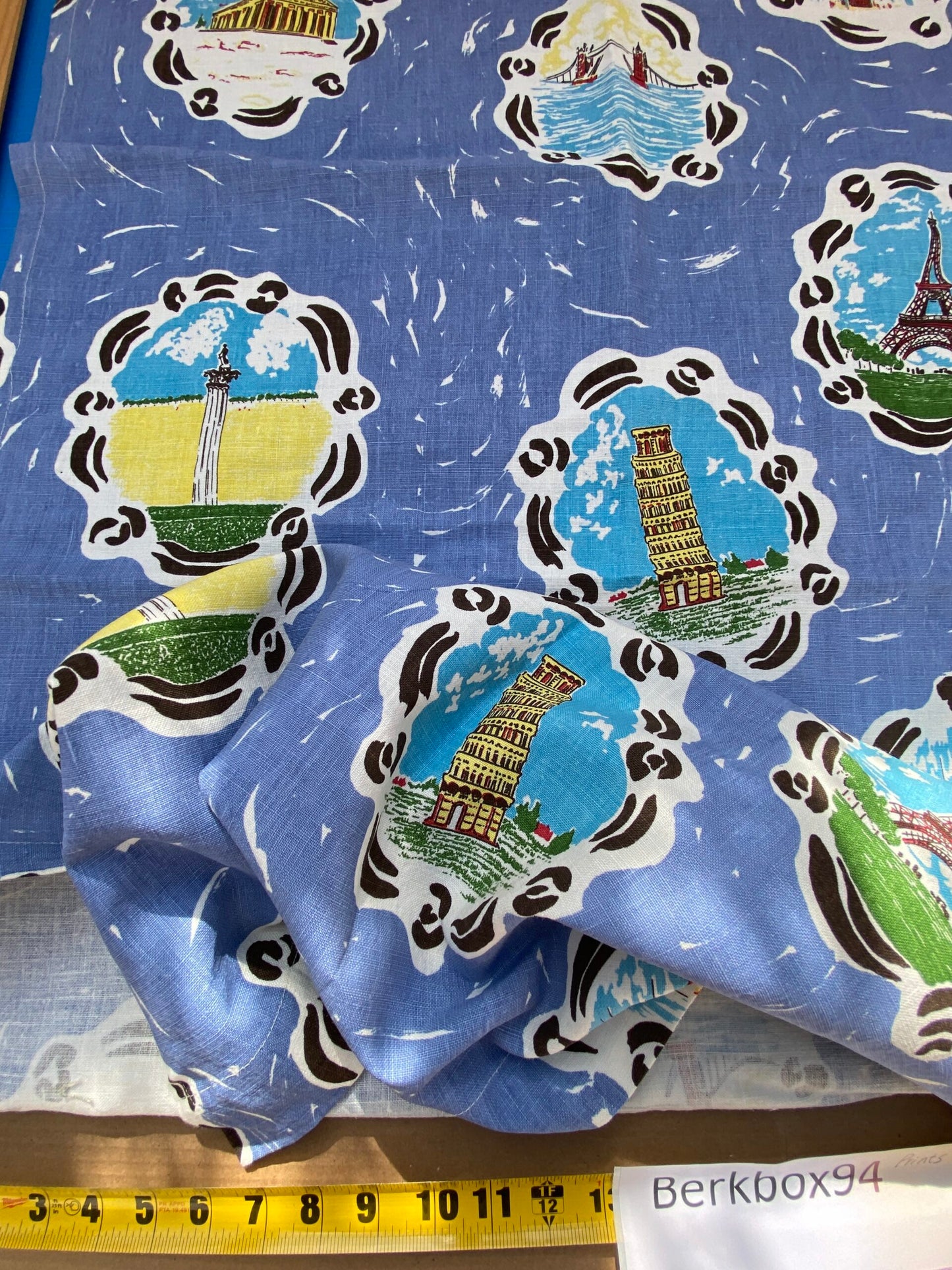 10 BerkBox94 Raoul Textile Line Hand Print Made in US Blue Kids Nursery Europe Landscape Pissa Paris Athens MSRP $300+/y