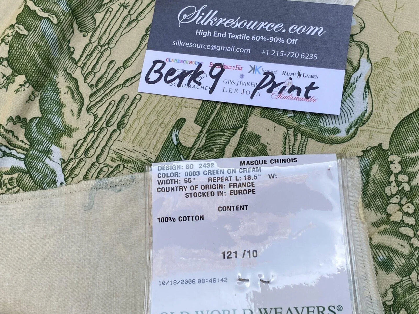 15 Berkbox9 Length Scalamandre Print 27x27 Inches Masque Chinois Green On Cream
