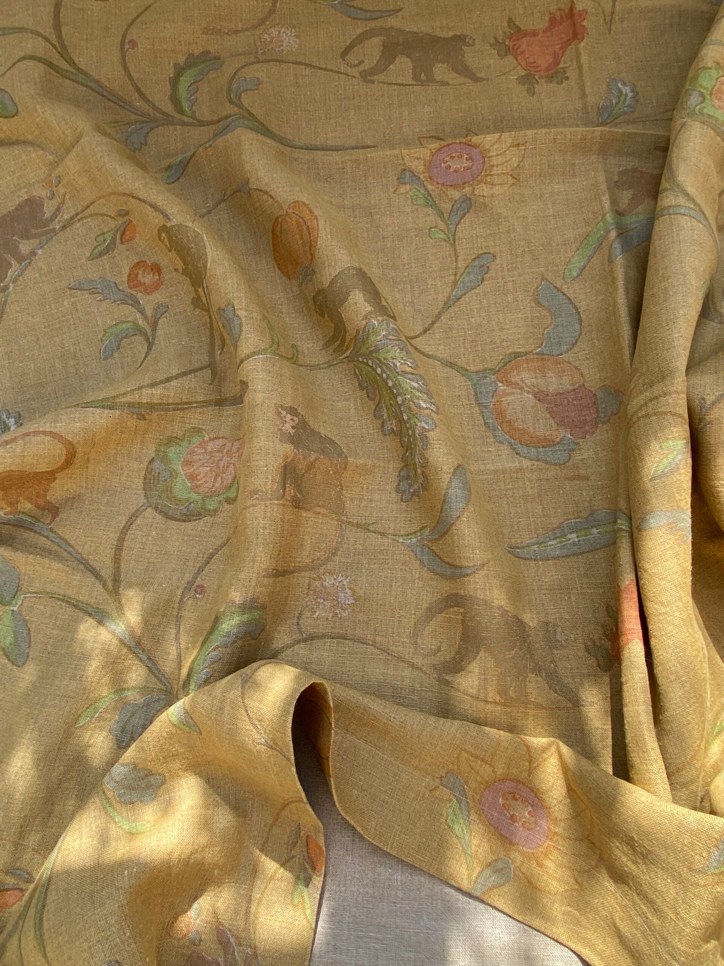 15 BerkBox94 Raoul Textile Line Hand Print Made in US 1.5Yard Animals Monkey Fruit Botanical Foliage Print Yellow MSRP $300+/y