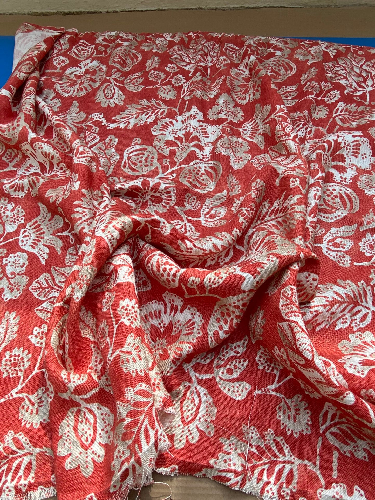 5 BerkBox95 Printed Fabrics by Scalamandre Calais Linen Print Coral Red White Pomegranate Foliage  1.4yards MSRP USD300+/y