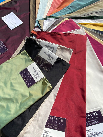 3 Berkbox105 Square Scalamandre Lelievre Paris Frenesie M1 Plain Solid Polyester Taffeta – 34 Pieces with different colors 24.5″width 15″ Long