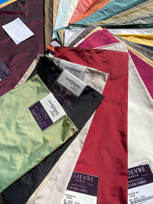 3 Berkbox105 Square Scalamandre Lelievre Paris Frenesie M1 Plain Solid Polyester Taffeta – 34 Pieces with different colors 24.5″width 15″ Long