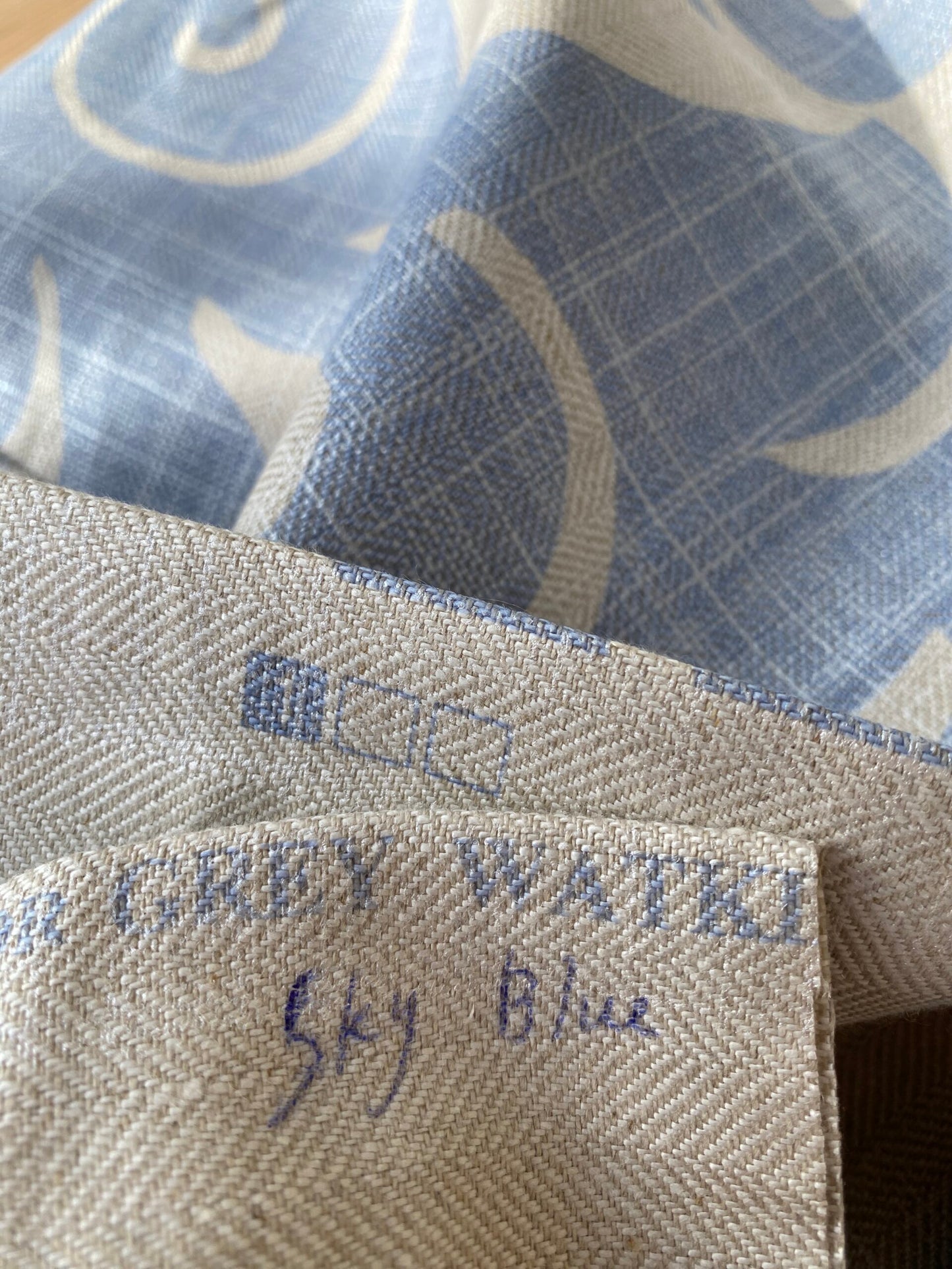 16 BerkBox95 Printed Fabrics by Grey Watkins Pamlico Sky blue White Historic Botanical Foliage Linen MSRP USD656/y