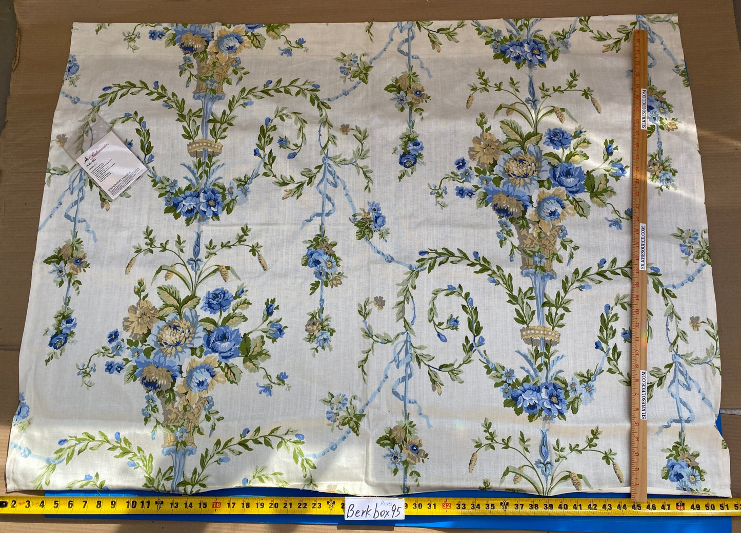 18 BerkBox95 Printed Fabrics by Scalamandre Arabella Print Blues, Golds &amp; Greens Heavy Linen Floral Foliage Neoclassic Scroll Design MSRP USD 400+/Y