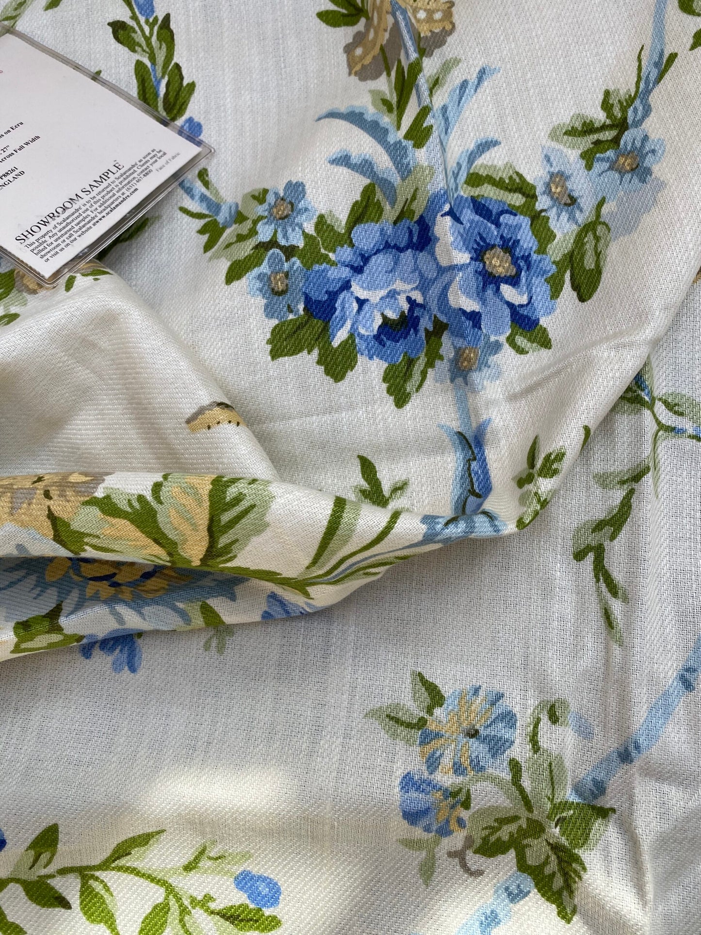 18 BerkBox95 Printed Fabrics by Scalamandre Arabella Print Blues, Golds &amp; Greens Heavy Linen Floral Foliage Neoclassic Scroll Design MSRP USD 400+/Y