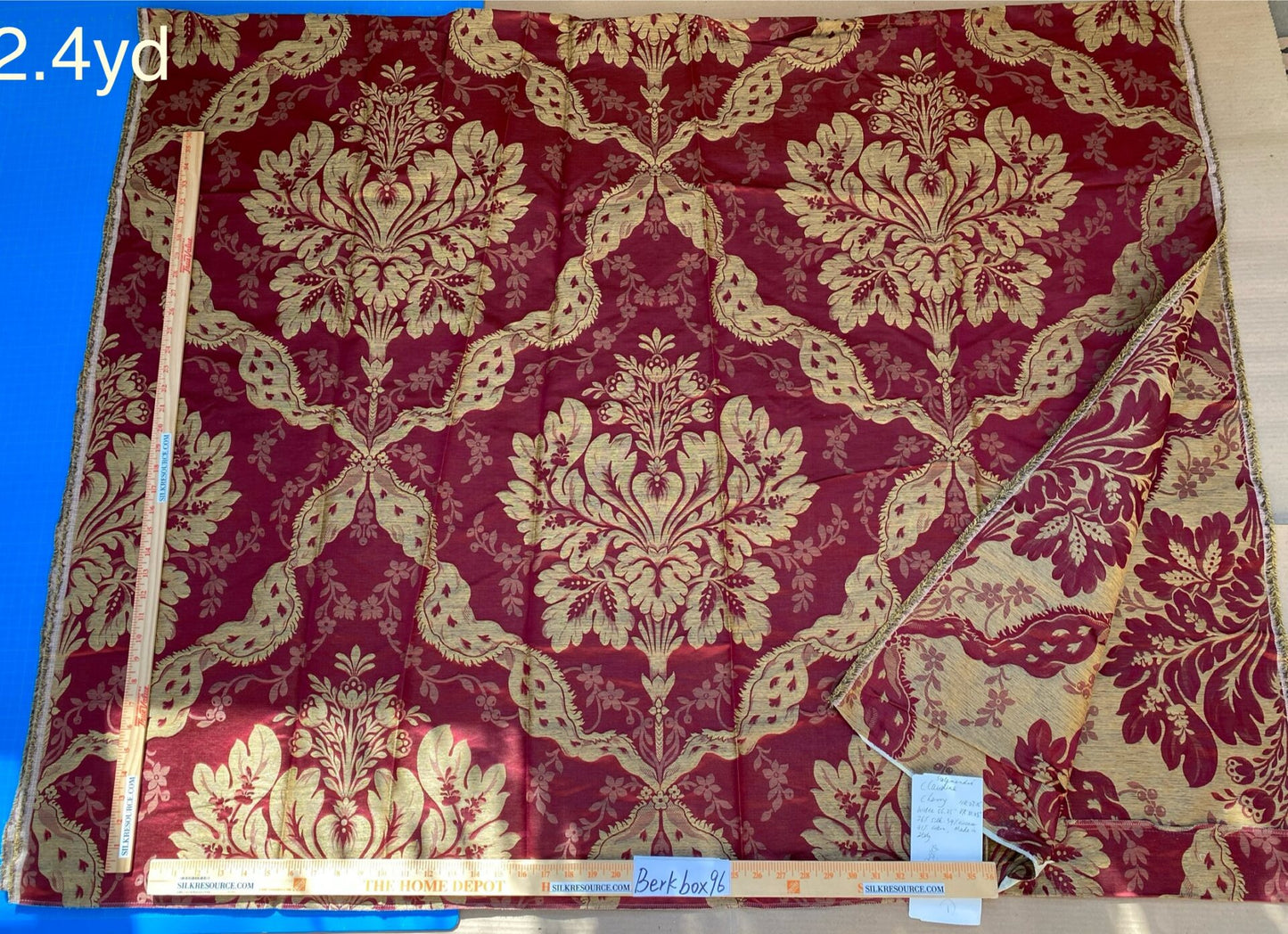 1 Berkbox96 Length Jacquard by Scalamandre Old World Weavers Square Silk Claudina Cherry Deep Red Gold Renaissance Damask Reversible Italy 2.4y x 56"W  MSRP USD 320/Y