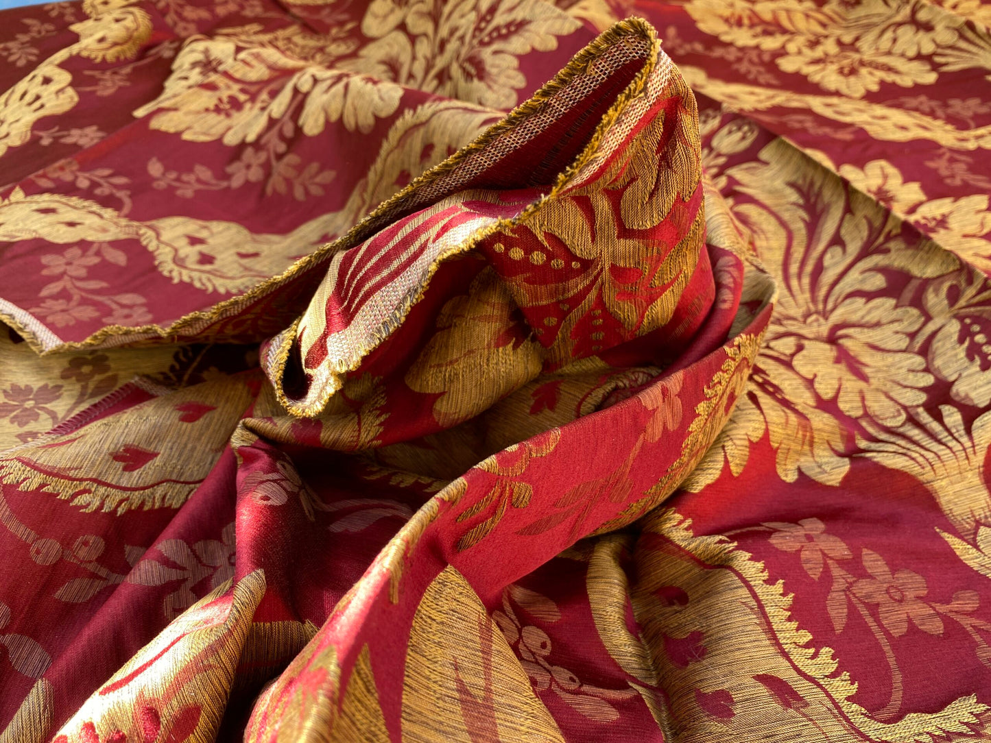 1 Berkbox96 Length Jacquard by Scalamandre Old World Weavers Square Silk Claudina Cherry Deep Red Gold Renaissance Damask Reversible Italy 2.4y x 56"W  MSRP USD 320/Y