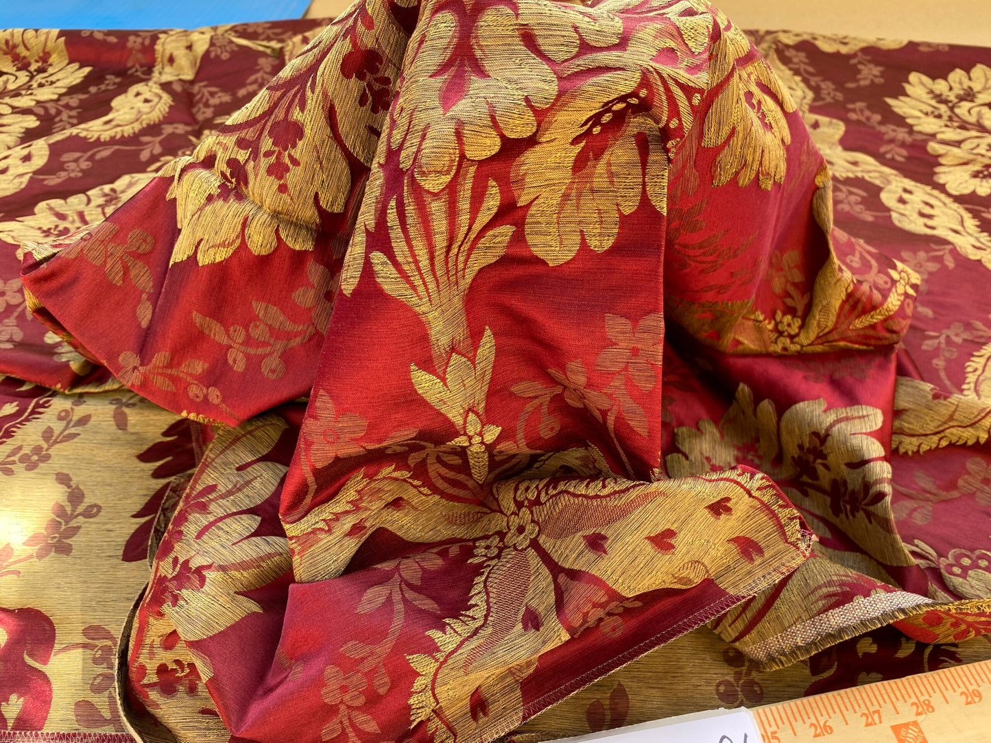 1 Berkbox96 Length Jacquard by Scalamandre Old World Weavers Square Silk Claudina Cherry Deep Red Gold Renaissance Damask Reversible Italy 2.4y x 56"W  MSRP USD 320/Y