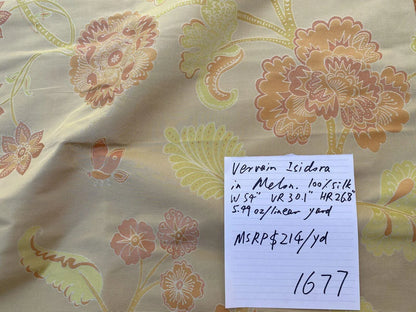 Vervain Fabricut 100% Silk Isidora Romantic Damask In Melon Pink Sparkling MSRP USD 214/Y Orange Green On Warm Gold