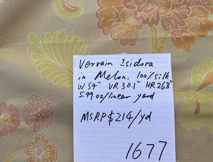 Vervain Fabricut 100% Silk Isidora Romantic Damask In Melon Pink Sparkling MSRP USD 214/Y Orange Green On Warm Gold