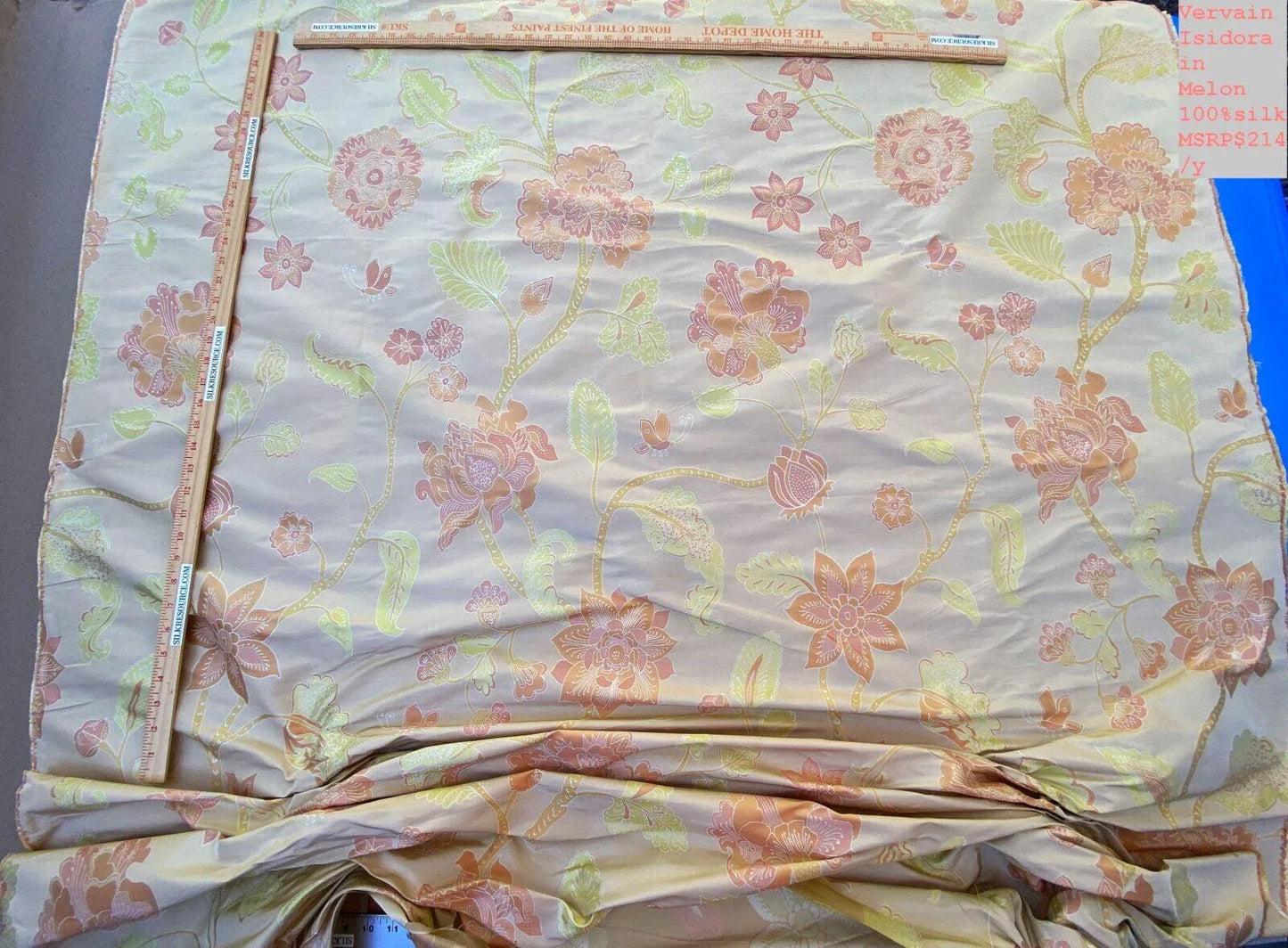 Vervain Fabricut 100% Silk Isidora Romantic Damask In Melon Pink Sparkling MSRP USD 214/Y Orange Green On Warm Gold
