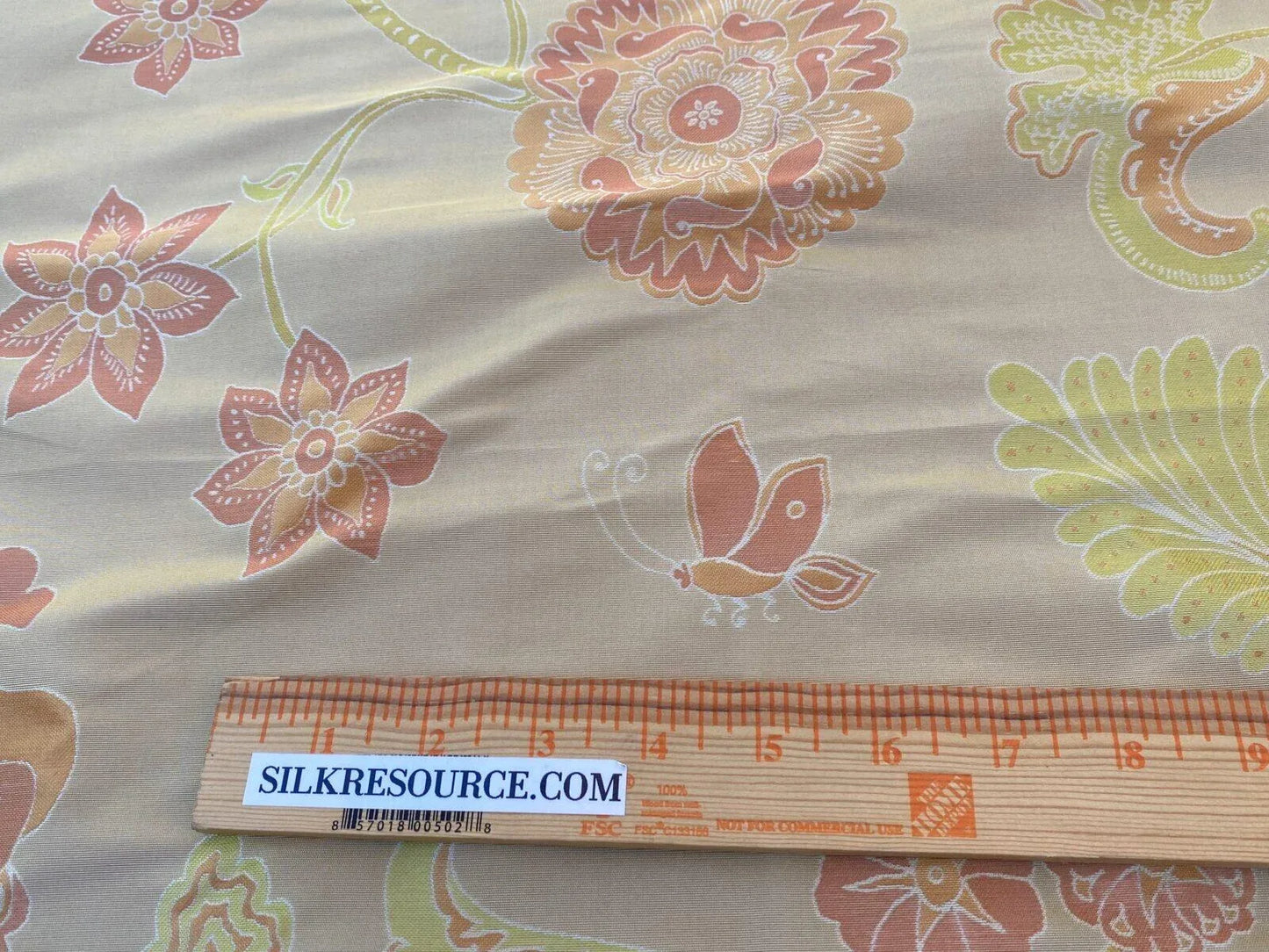 Vervain Fabricut 100% Silk Isidora Romantic Damask In Melon Pink Sparkling MSRP USD 214/Y Orange Green On Warm Gold