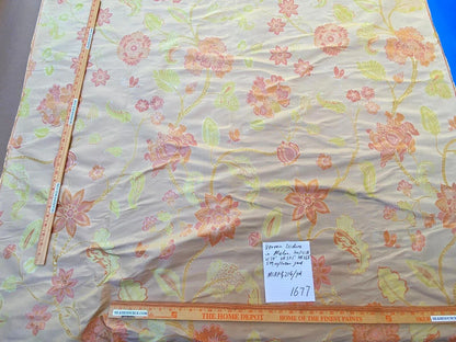 Vervain Fabricut 100% Silk Isidora Romantic Damask In Melon Pink Sparkling MSRP USD 214/Y Orange Green On Warm Gold