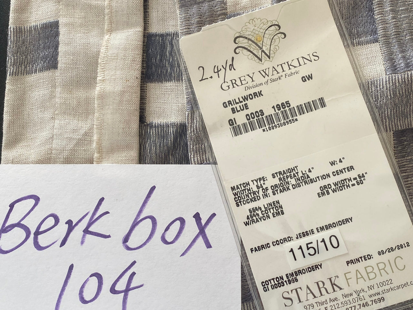 70 Berkbox104 Square Scalamandre Grey Watkins 2.4Yards Grillwork in Blue Linen Embroidery MSRP USD 300+/y