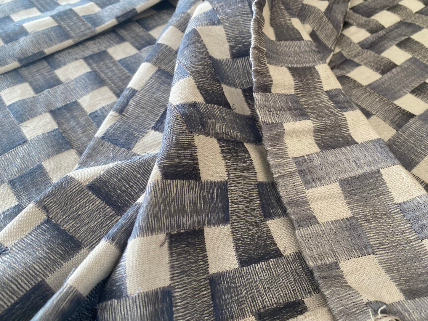 70 Berkbox104 Square Scalamandre Grey Watkins 2.4Yards Grillwork in Blue Linen Embroidery MSRP USD 300+/y