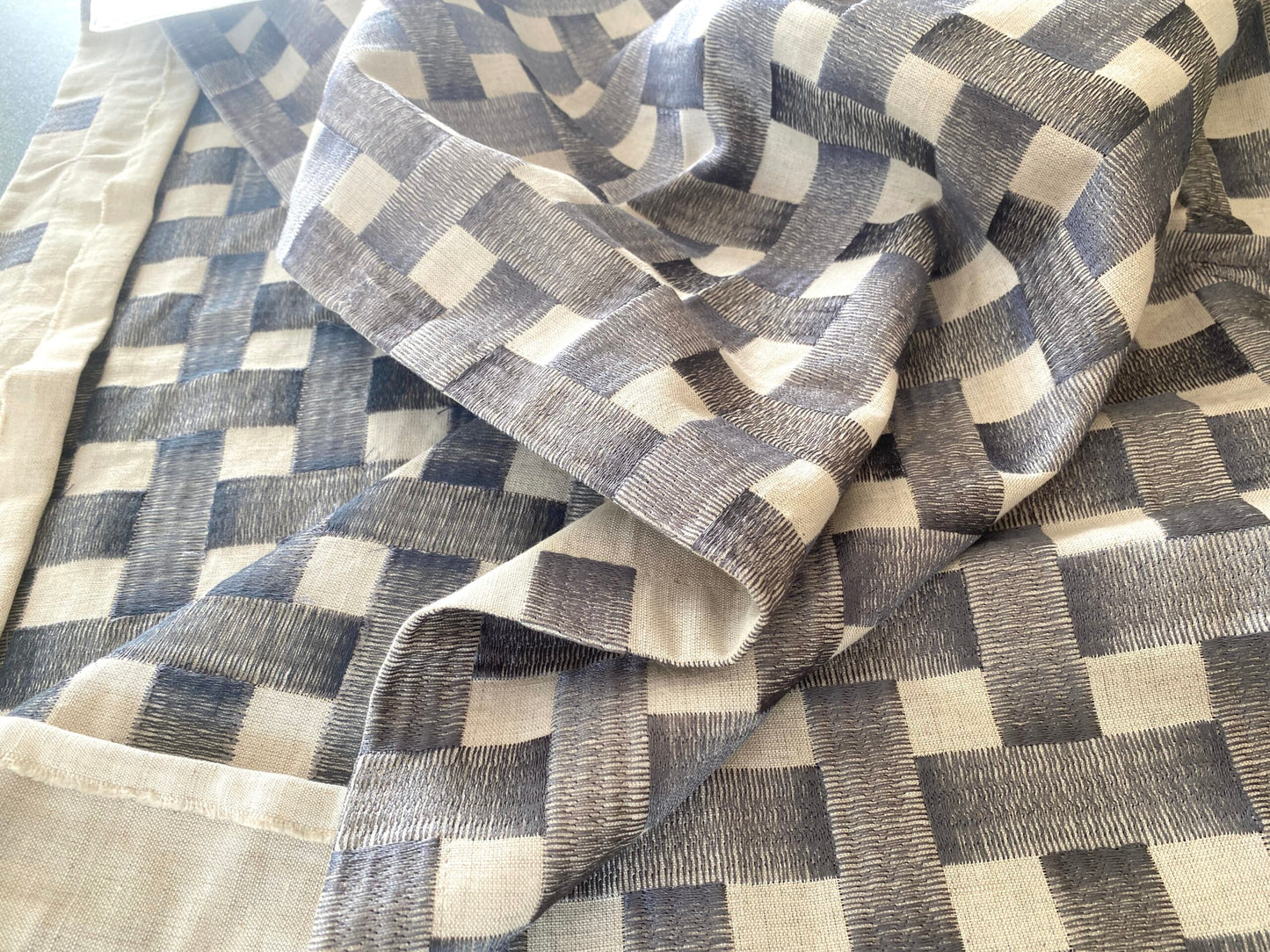 70 Berkbox104 Square Scalamandre Grey Watkins 2.4Yards Grillwork in Blue Linen Embroidery MSRP USD 300+/y