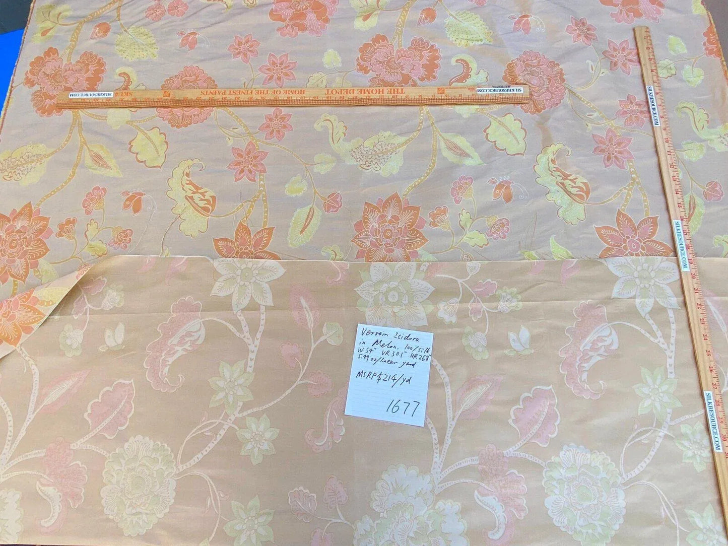 Vervain Fabricut 100% Silk Isidora Romantic Damask In Melon Pink Sparkling MSRP USD 214/Y Orange Green On Warm Gold